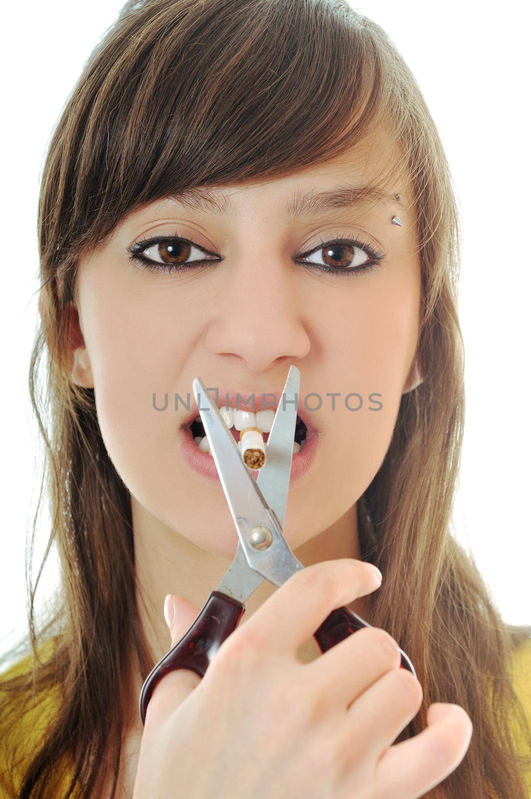 woman isolated on white stop smoking cigarette