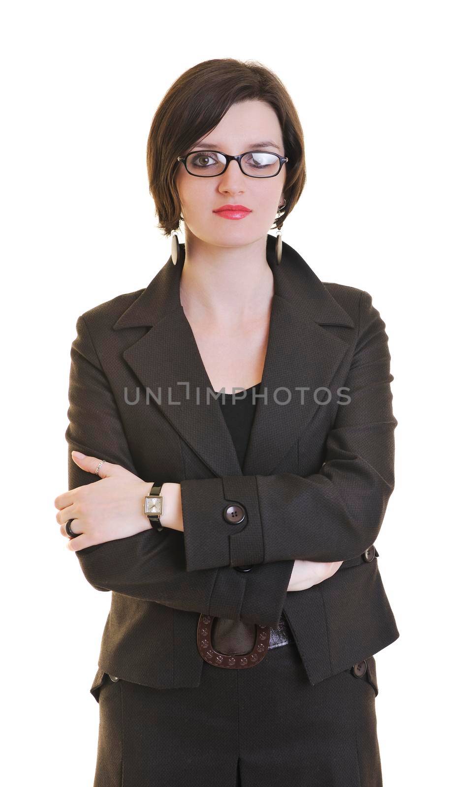 one young business woman isolated on white working on laptop computer