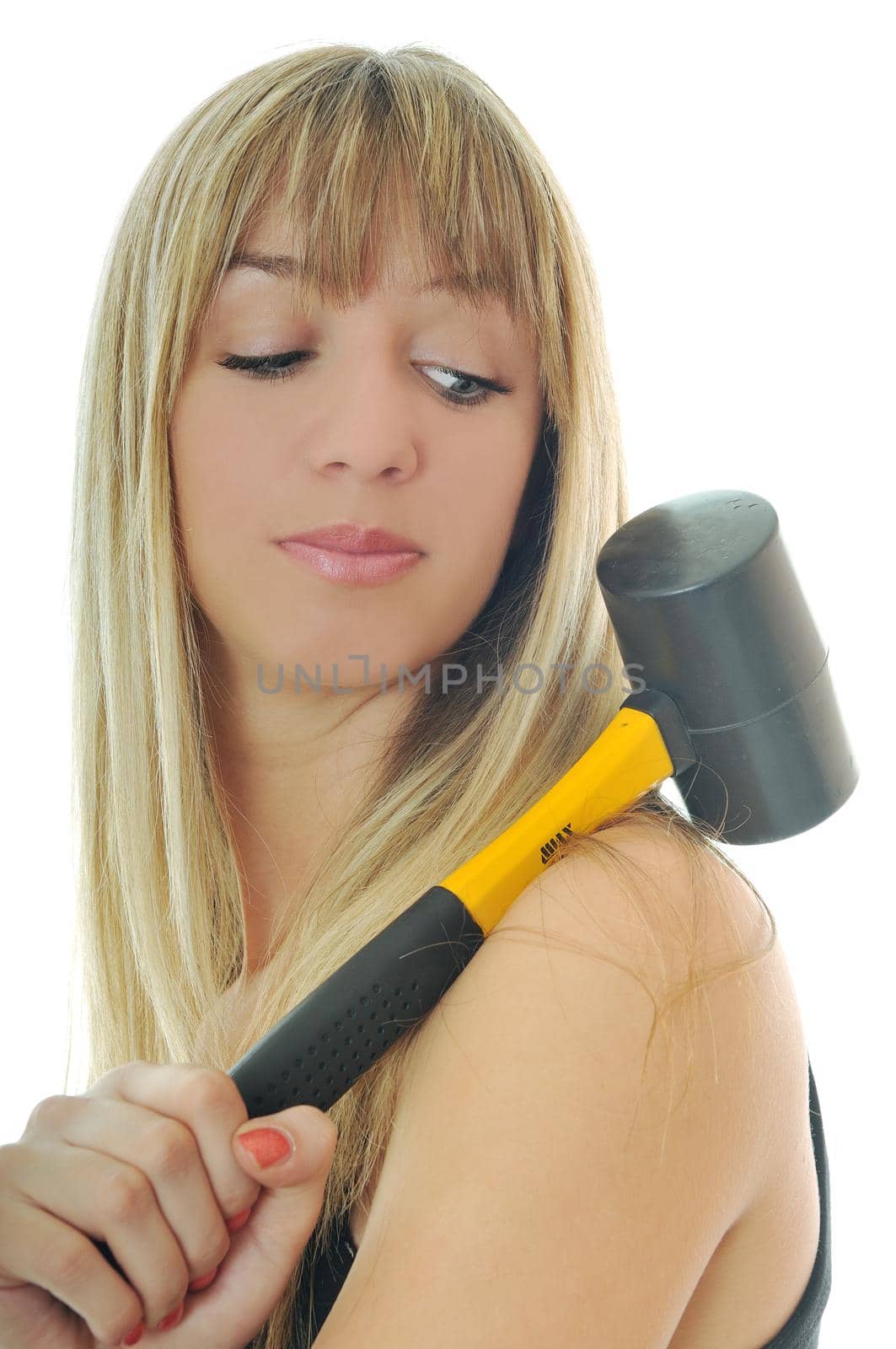 woman with hammer isolated on white