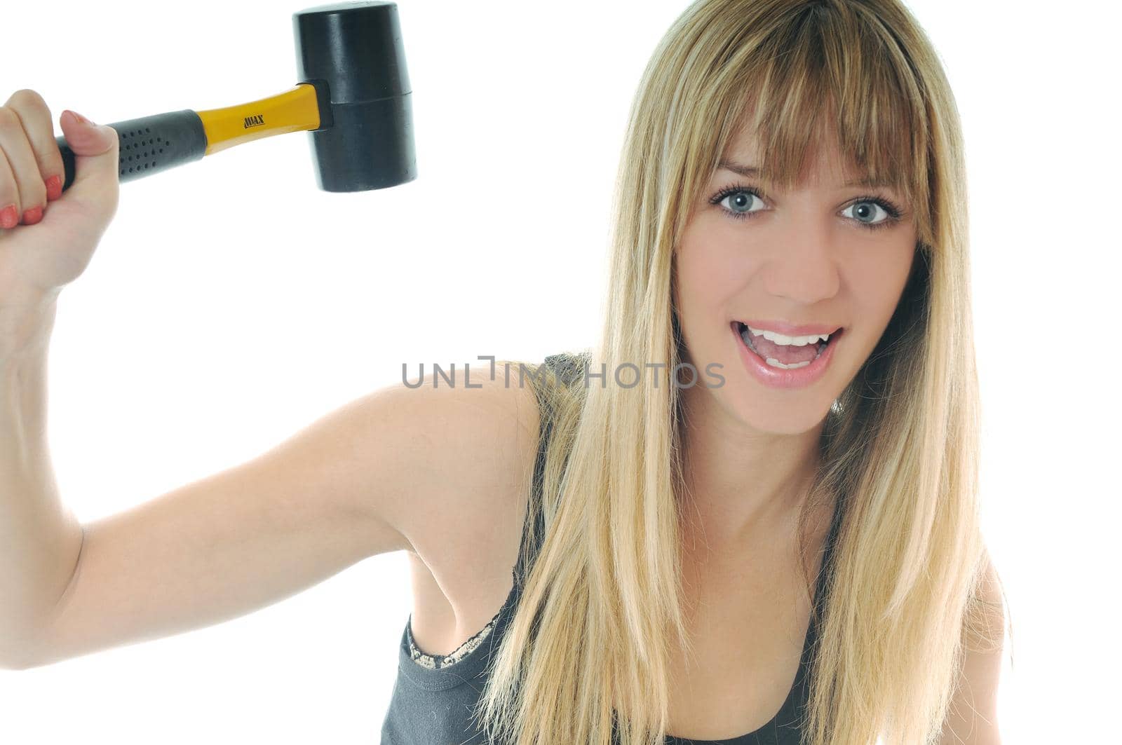 woman with hammer isolated on white