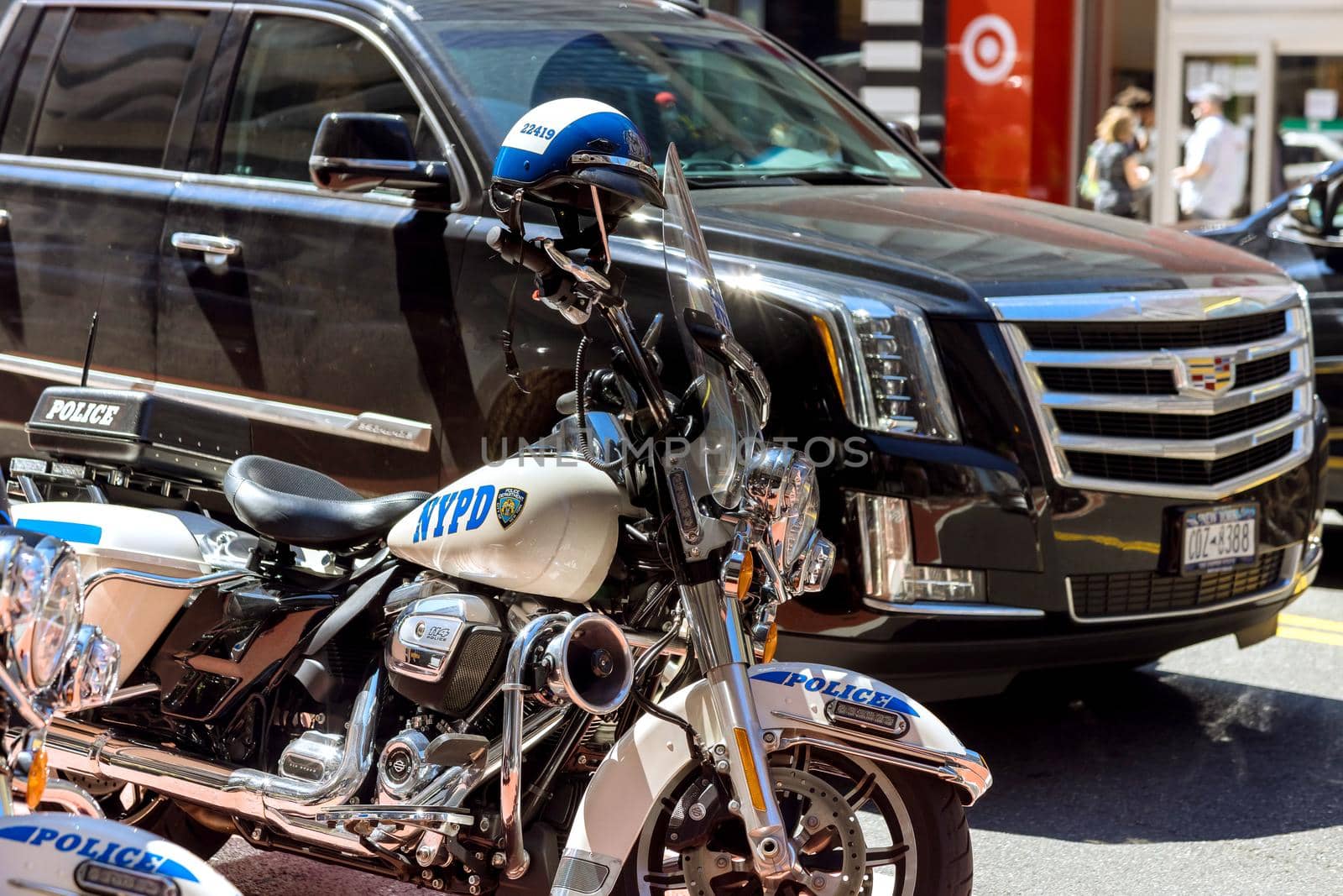 Motorcycles helmet on motorcycles with police New York City by ungvar