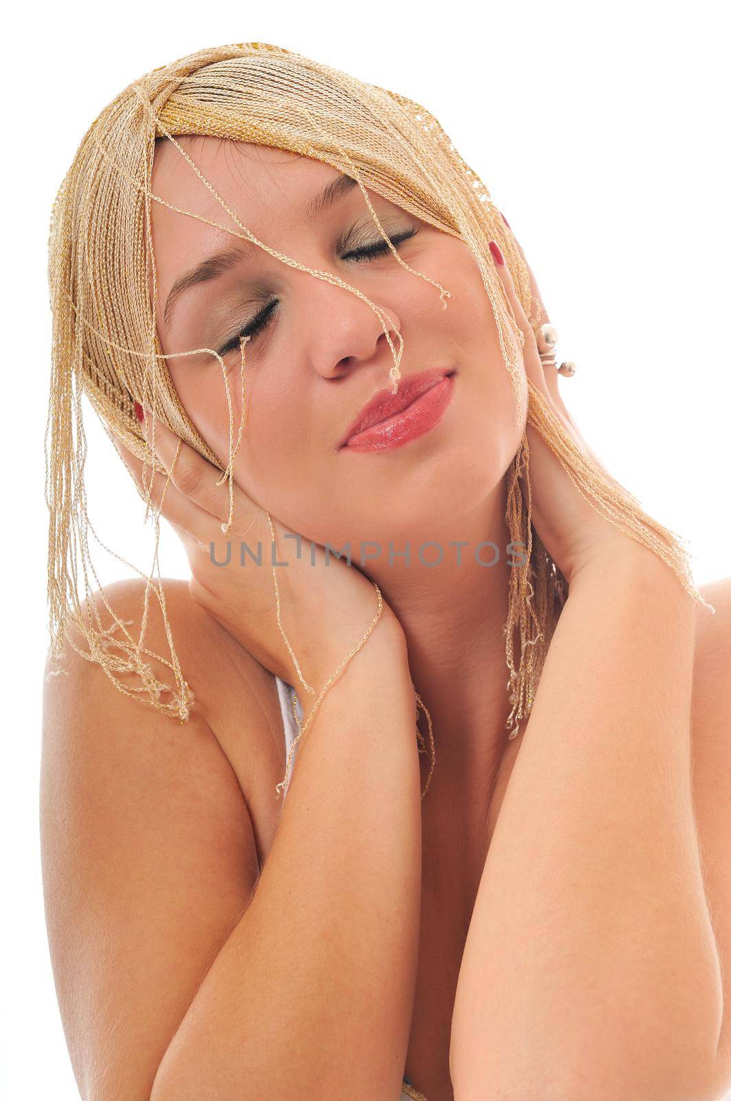 one beautiful young woman portrait isolated hairstily makeup spa and welness concept