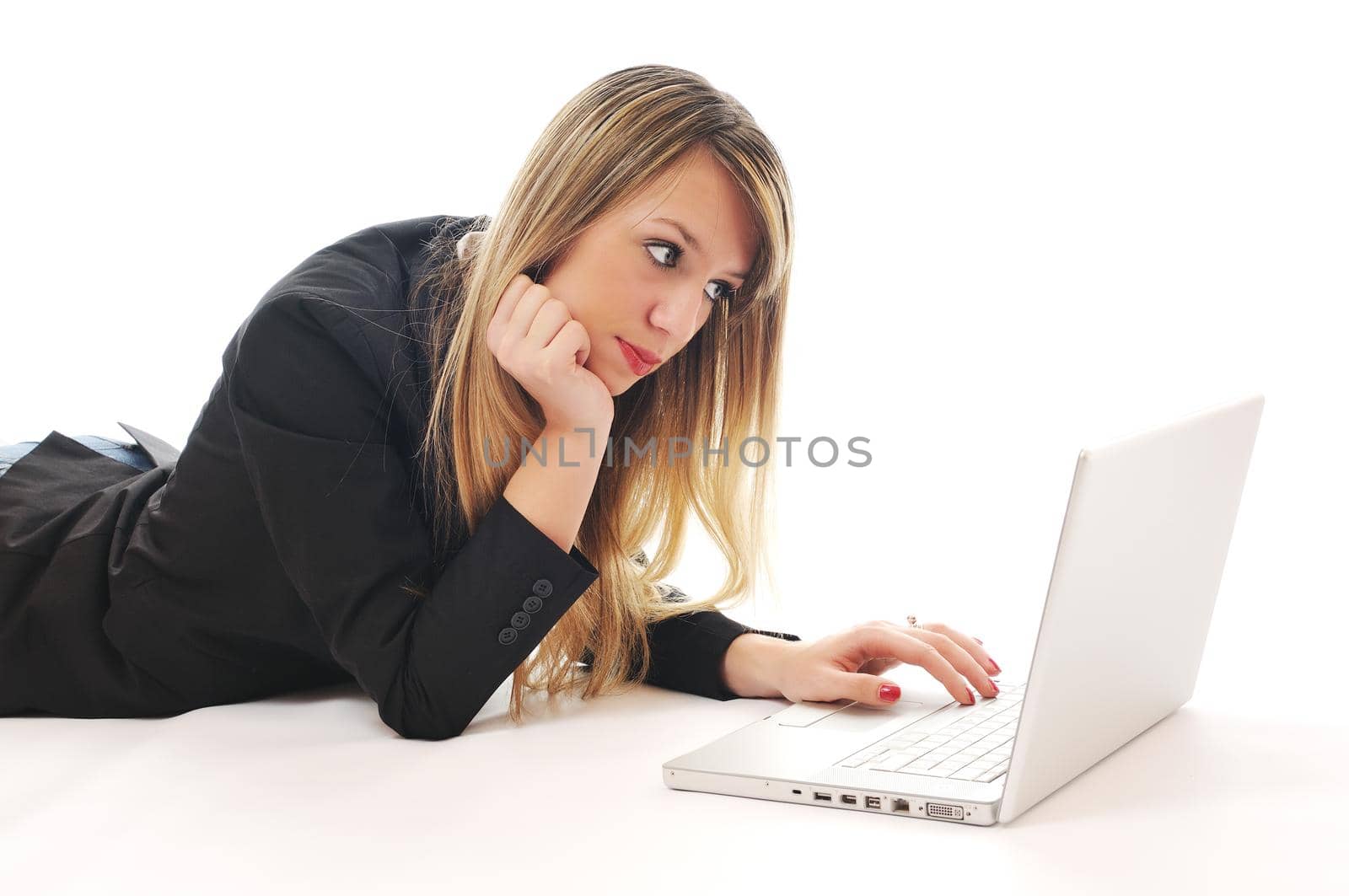 one young teen woman girl work on laptop isolated