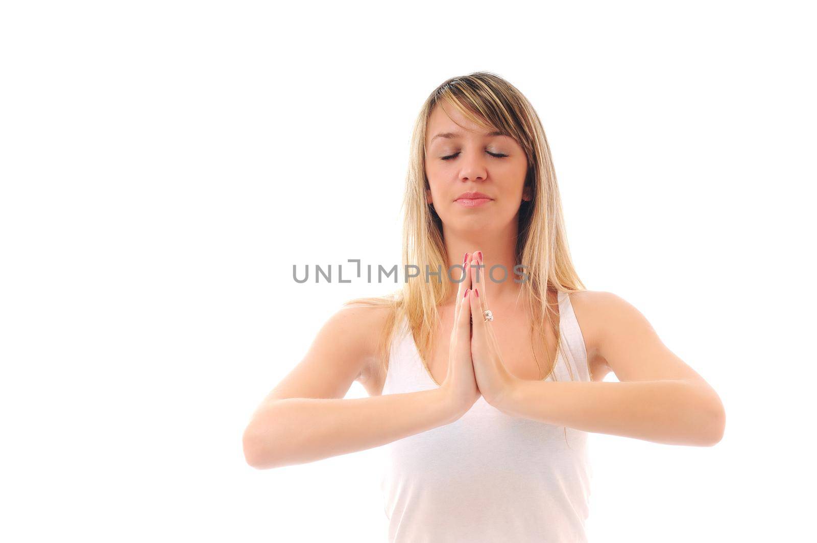 one young fit  woman in white shirt meditating adn exercise  yoga isolated