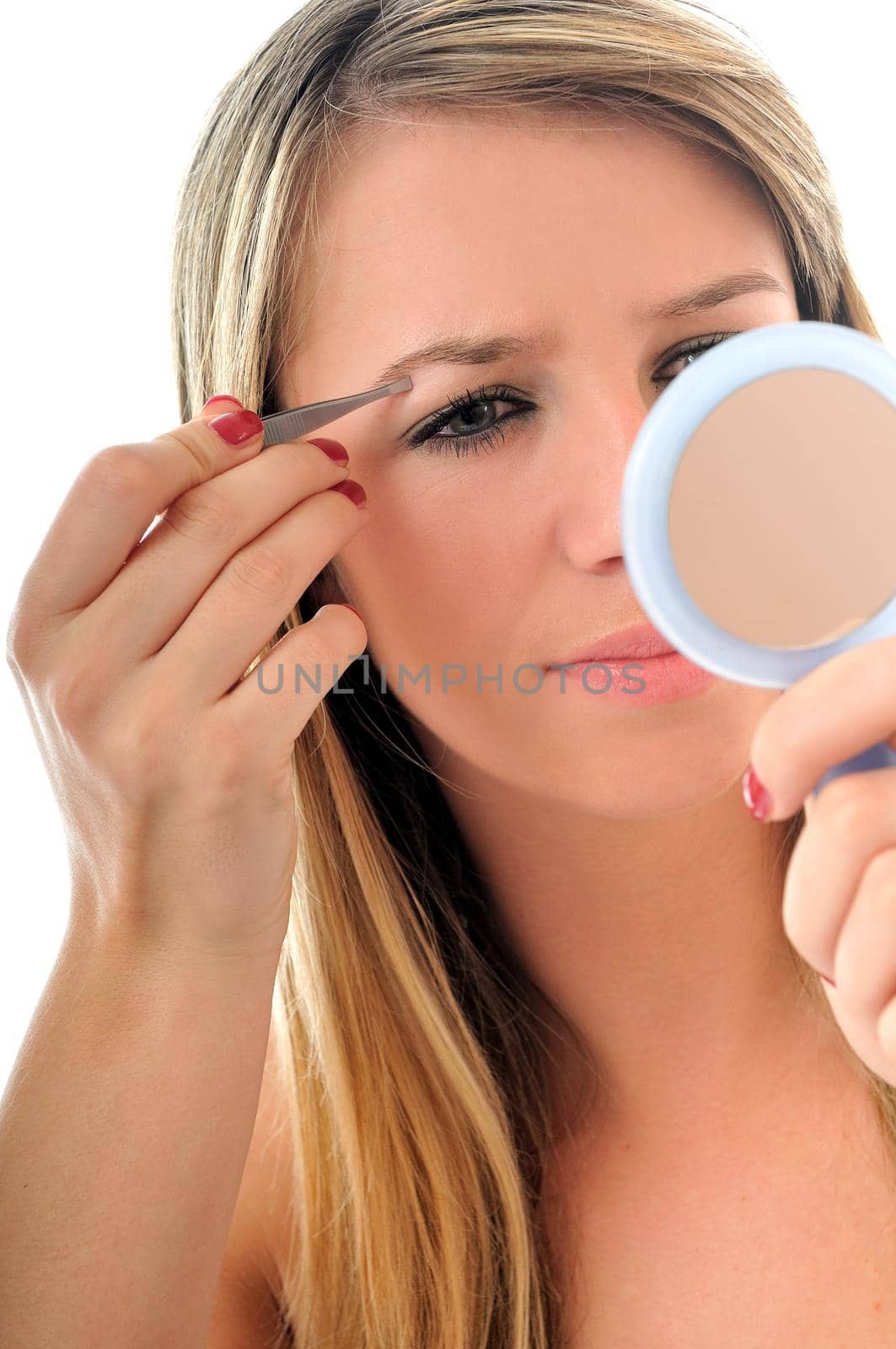 young girl cosmetic beauty isolated eye brow tweezer treatment