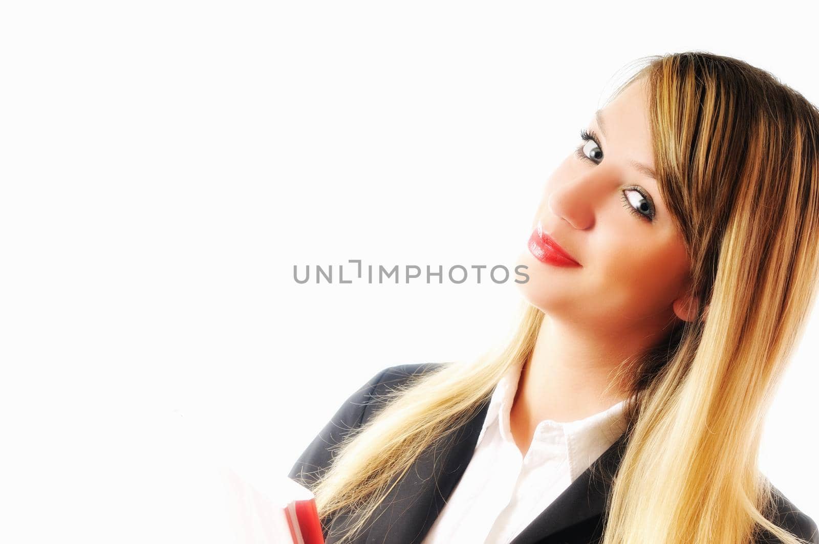 one young business woman with pen isolated on white background