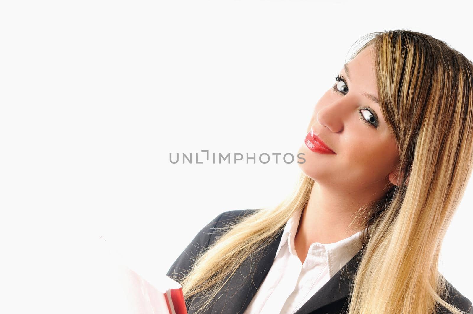 one young business woman with pen isolated on white background