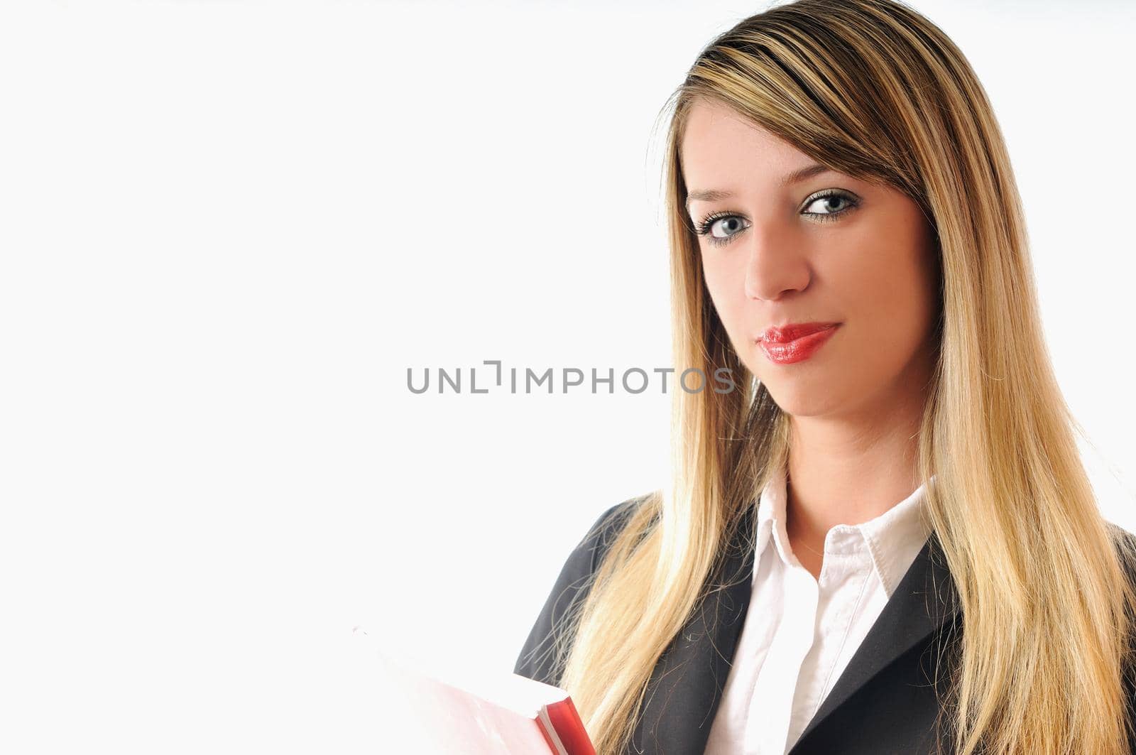 one young business woman with pen isolated on white background