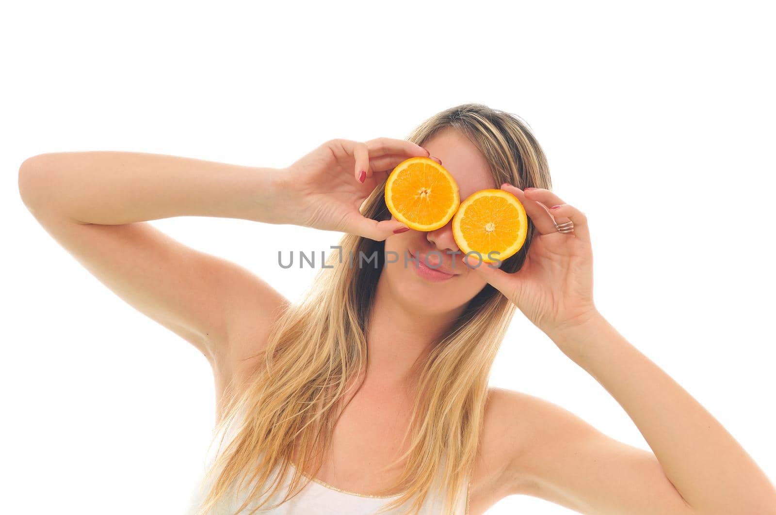 young woman orange isolated fruit food