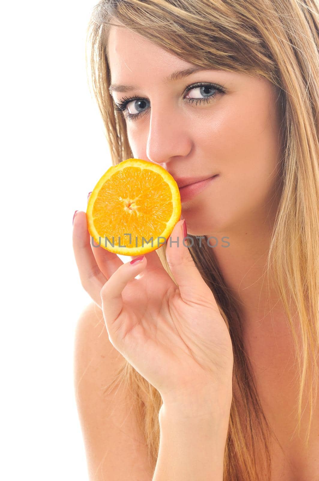 young woman orange isolated fruit food