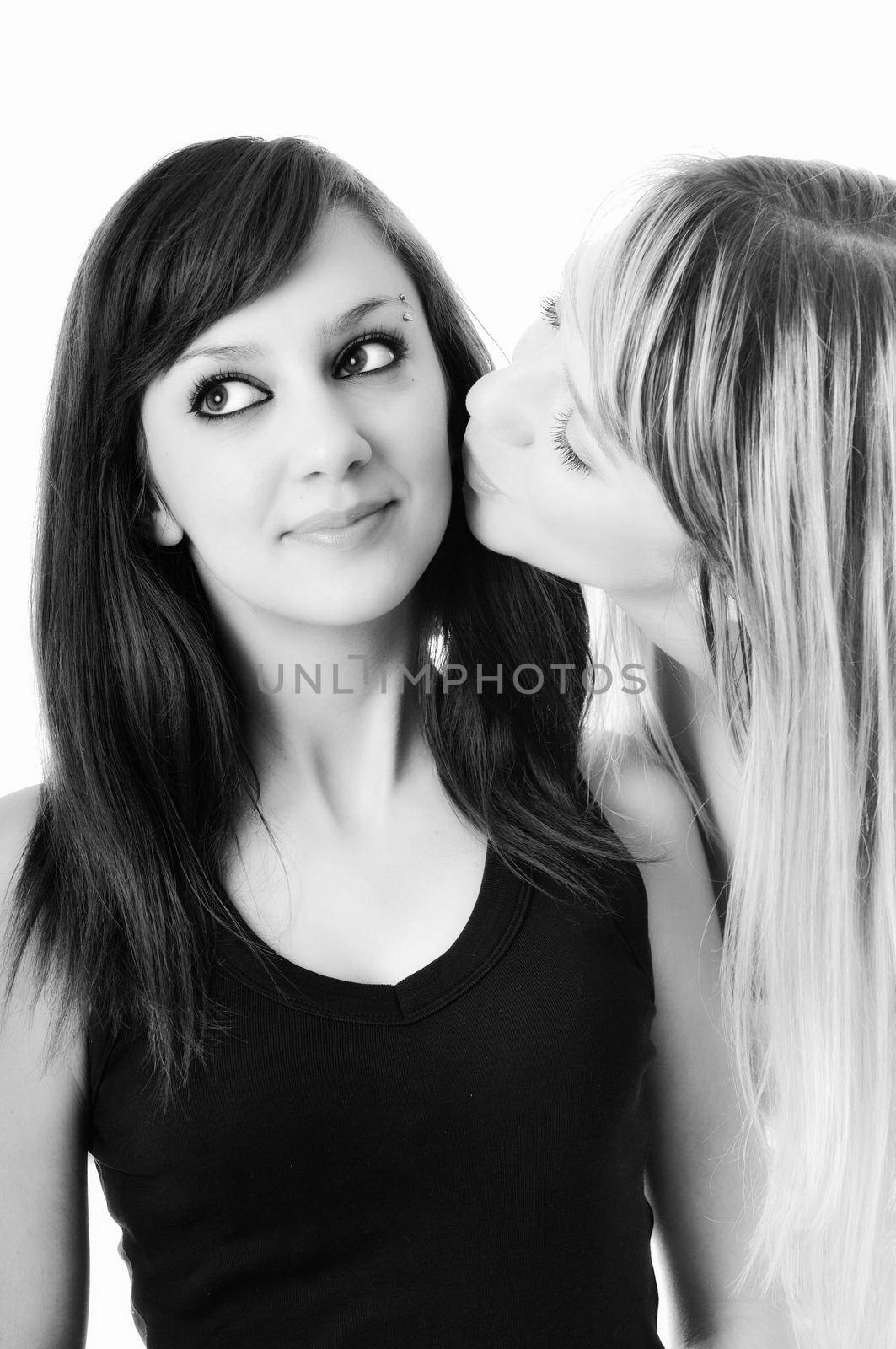 two young girl lesbian friend isolated happy on white background