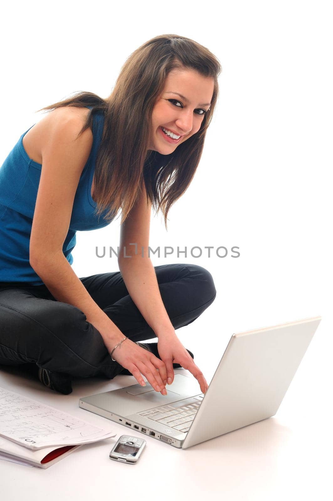 one young teen woman girl work on laptop isolated