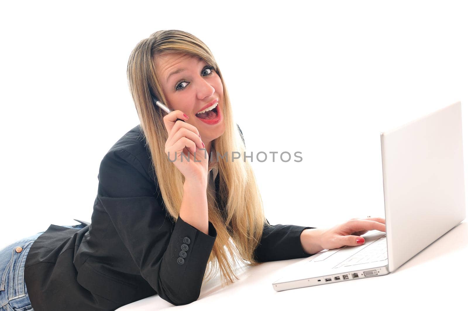 one young teen woman girl work on laptop isolated business