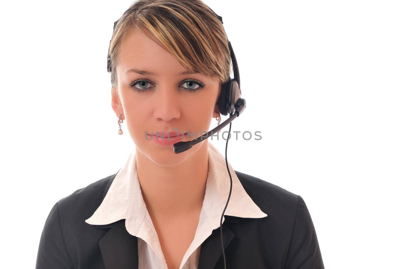 young beautiful business woman with headset phone help customer solution info service