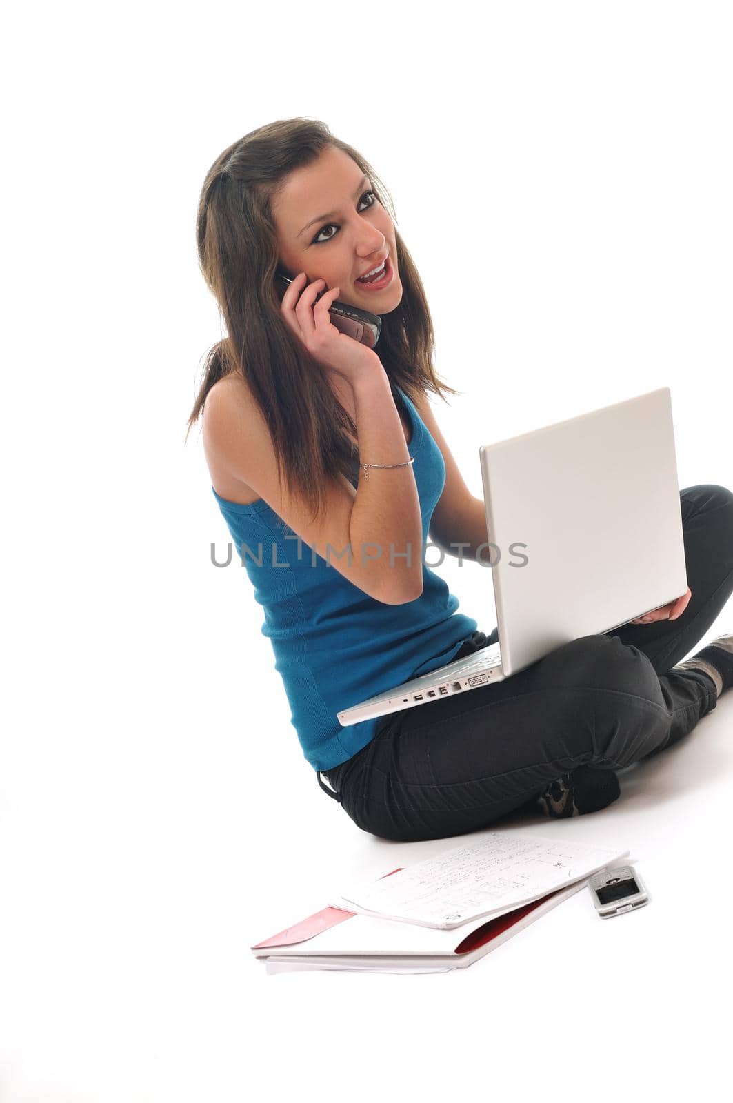 one young teen woman girl work on laptop isolated business