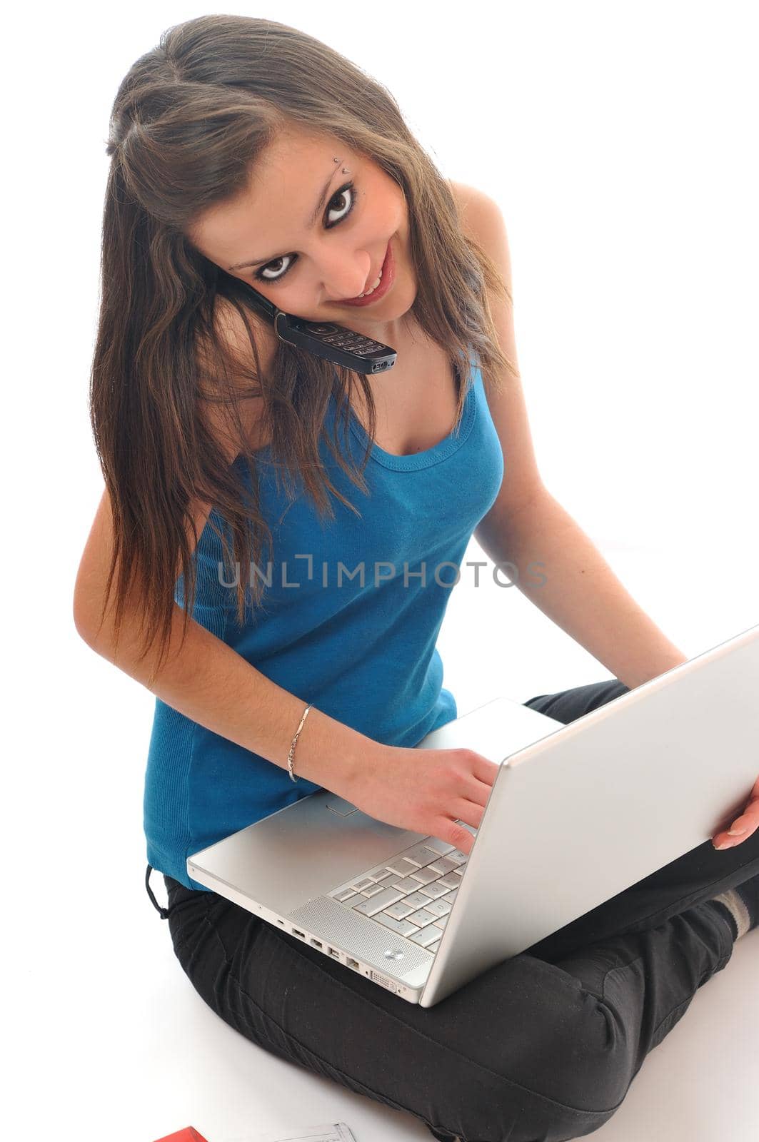 one young teen woman girl work on laptop isolated