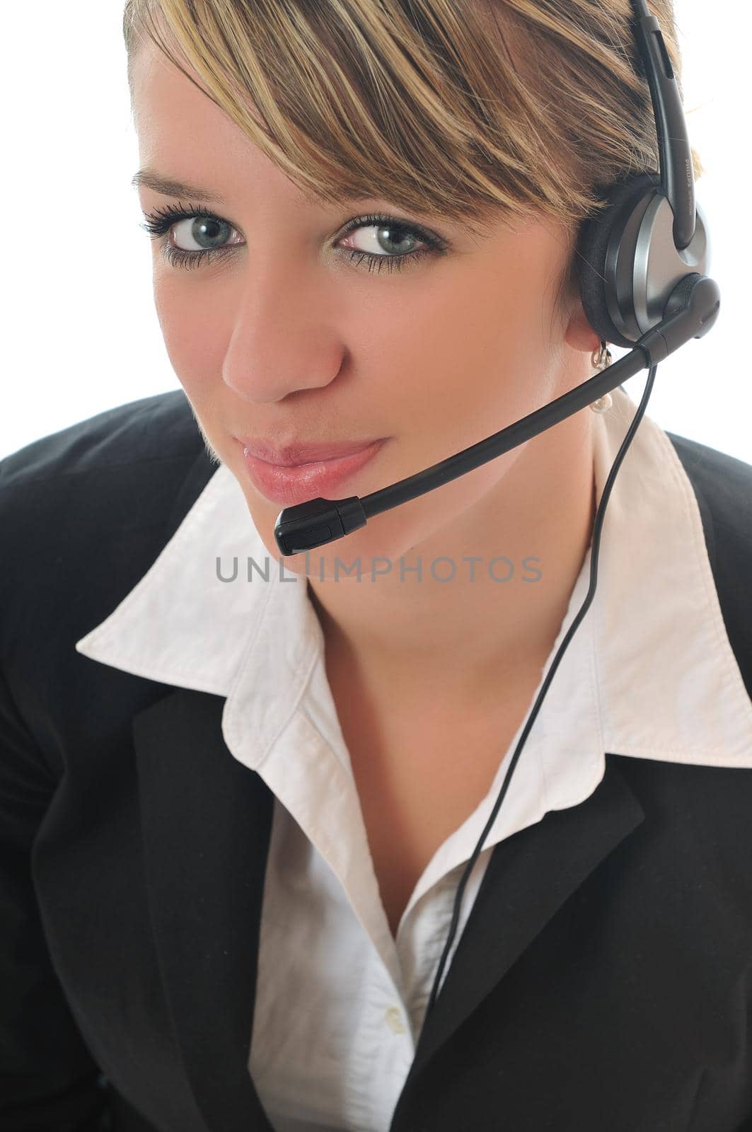 young beautiful business woman with headset phone help customer solution info service