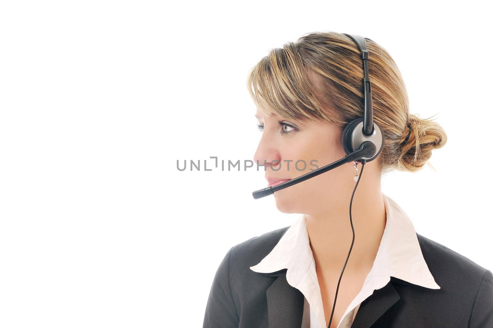 one young business woman isolated on white with headphone headset