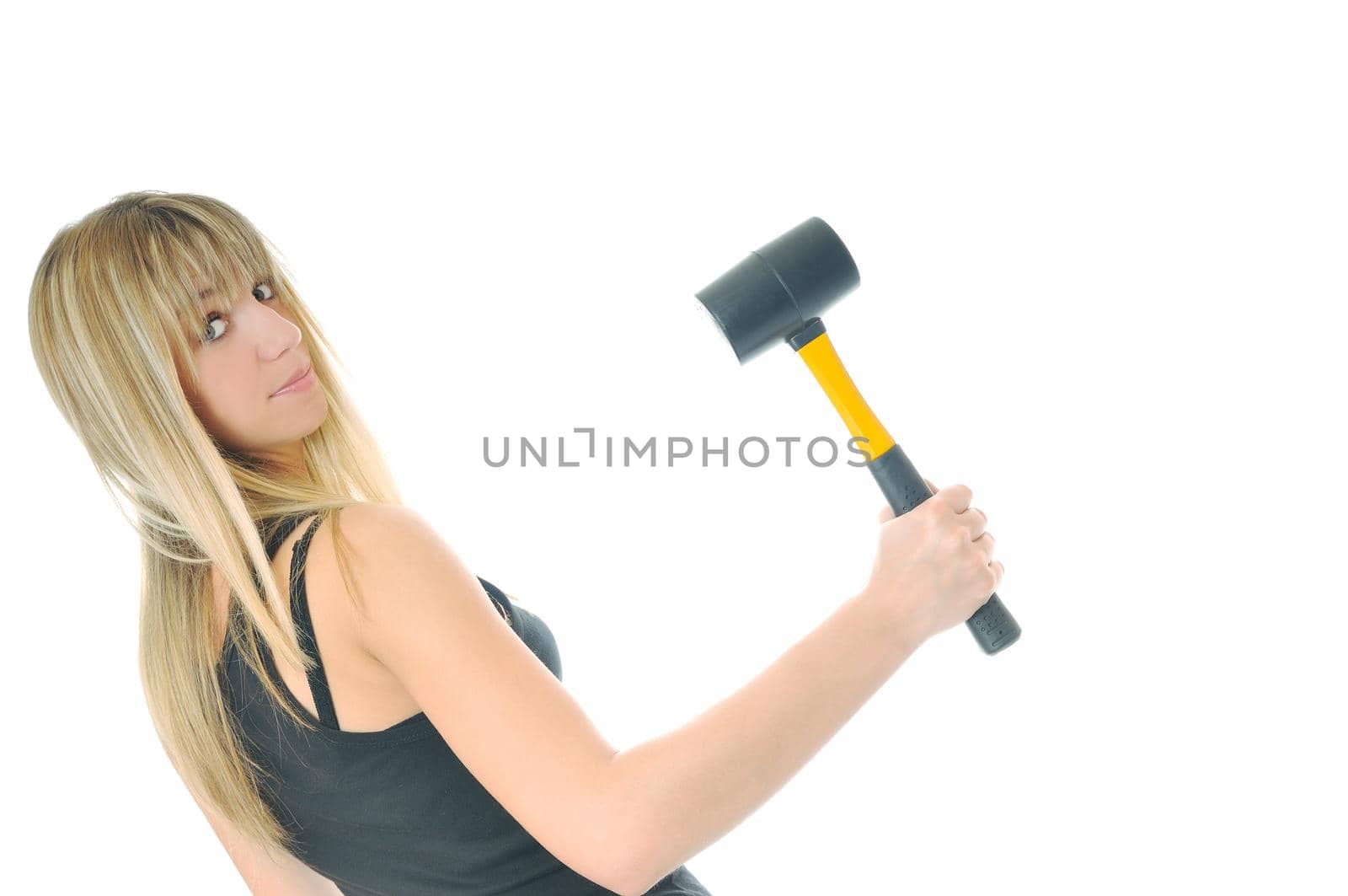 woman with hammer isolated on white