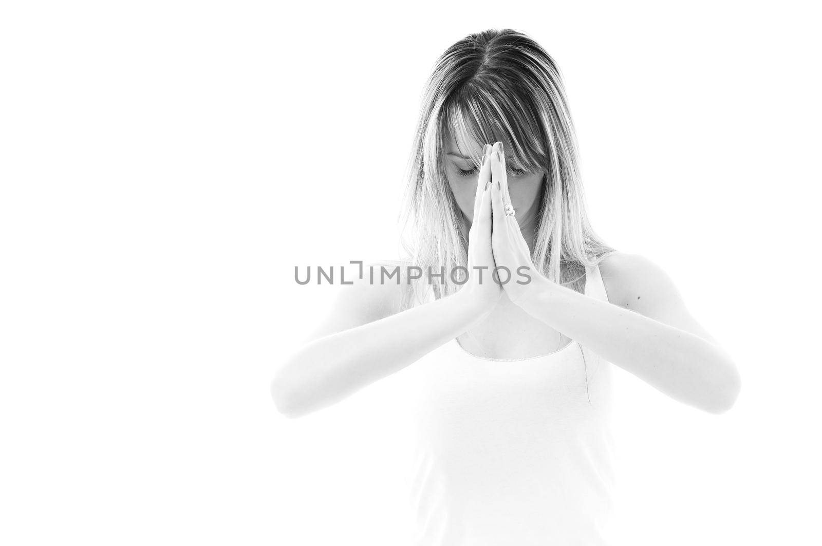 one young fit  woman in white shirt meditating adn exercise  yoga isolated