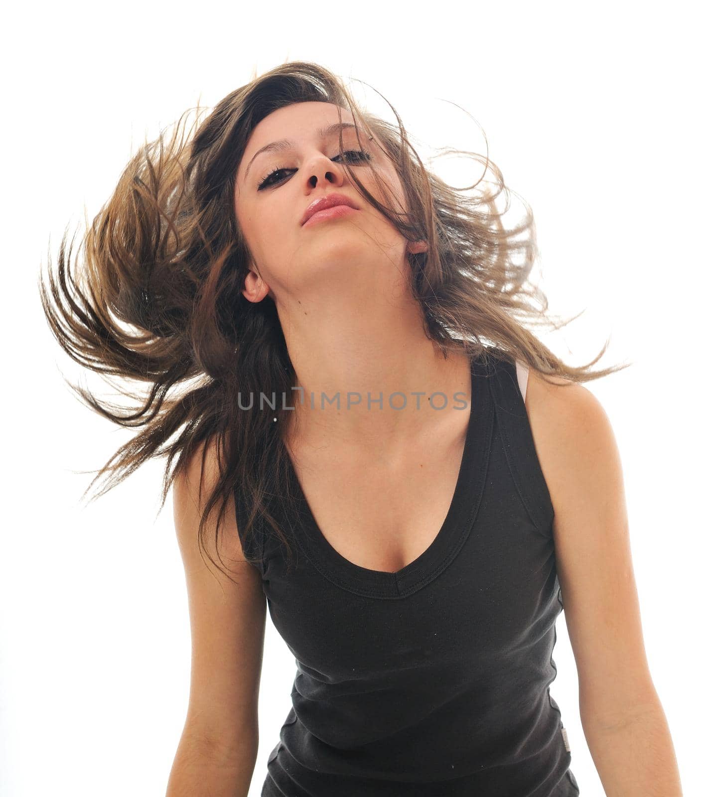 young beauty happy party woman dance with wind in hair isolated