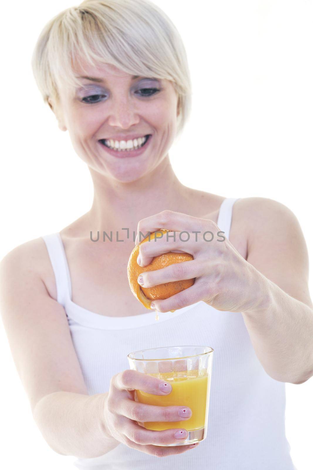 woman squeeze fresh orange juice drink  isolated over white background