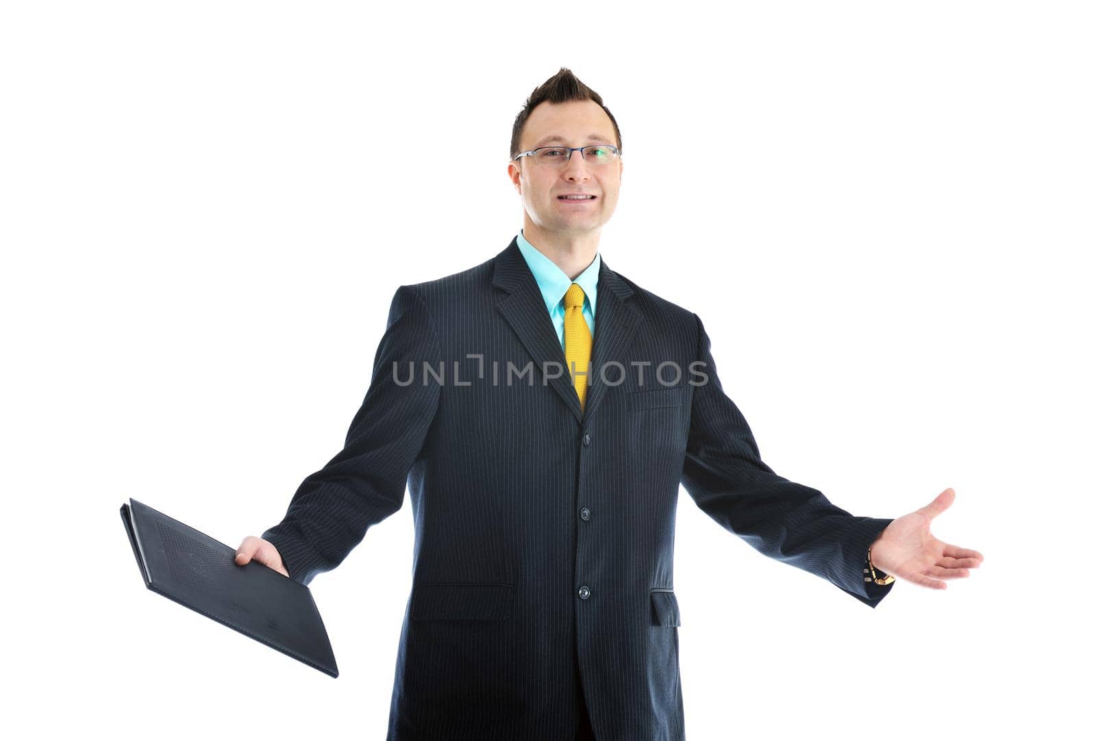 happy young businessman in business suit  portrait isolated on white background