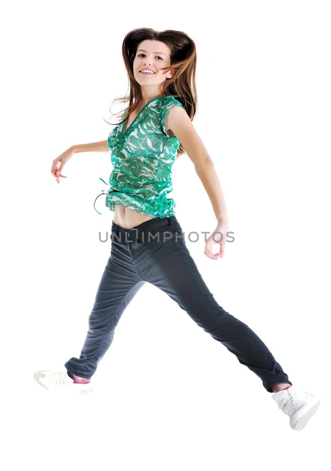 beautiful young woman in fashion clothes isolated on white background