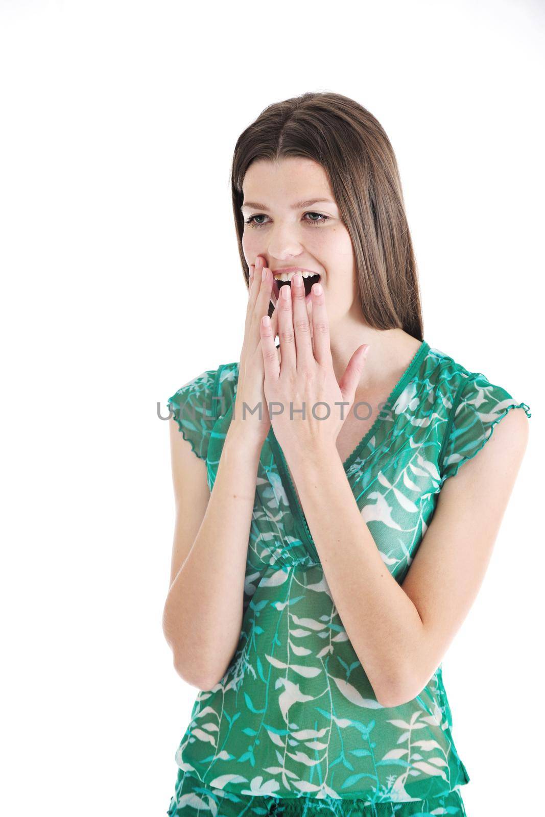 beautiful young woman in fashion clothes isolated on white background