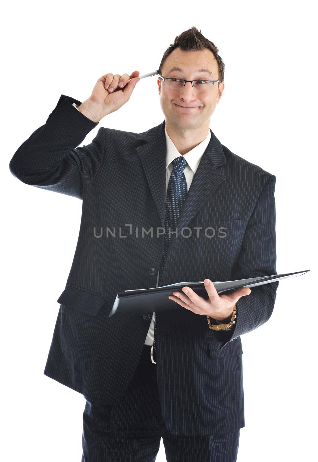 happy young businessman in business suit  portrait isolated on white background