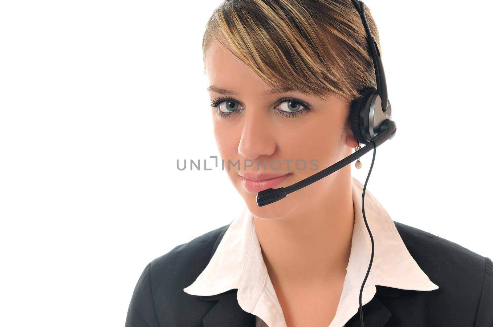 young beautiful business woman with headset phone help customer solution info service