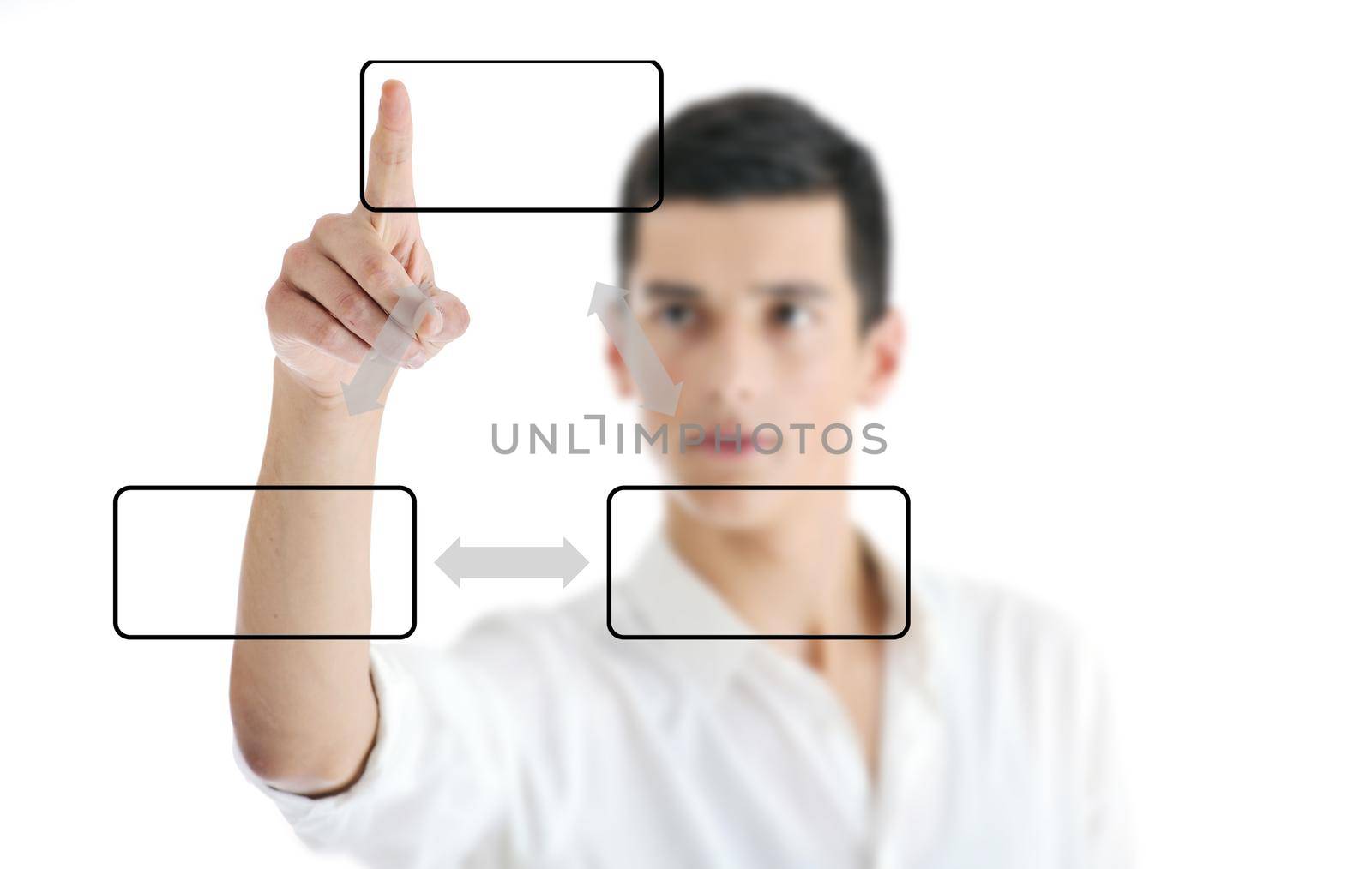 illustration of young business man planing and solving problems with illustrated graph disply screen for database and statistycs
