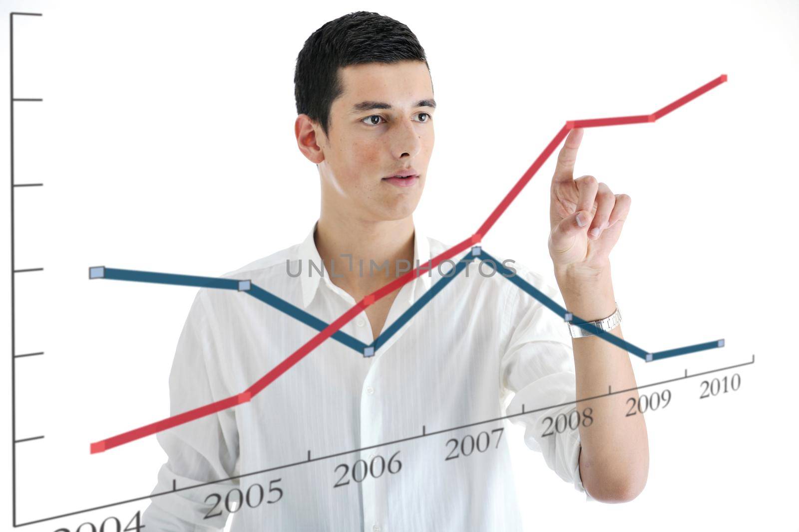 illustration of young business man planing and solving problems with illustrated graph disply screen for database and statistycs