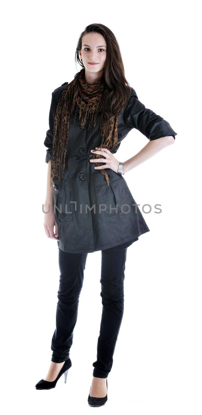 beautiful young woman in fashion clothes isolated on white background