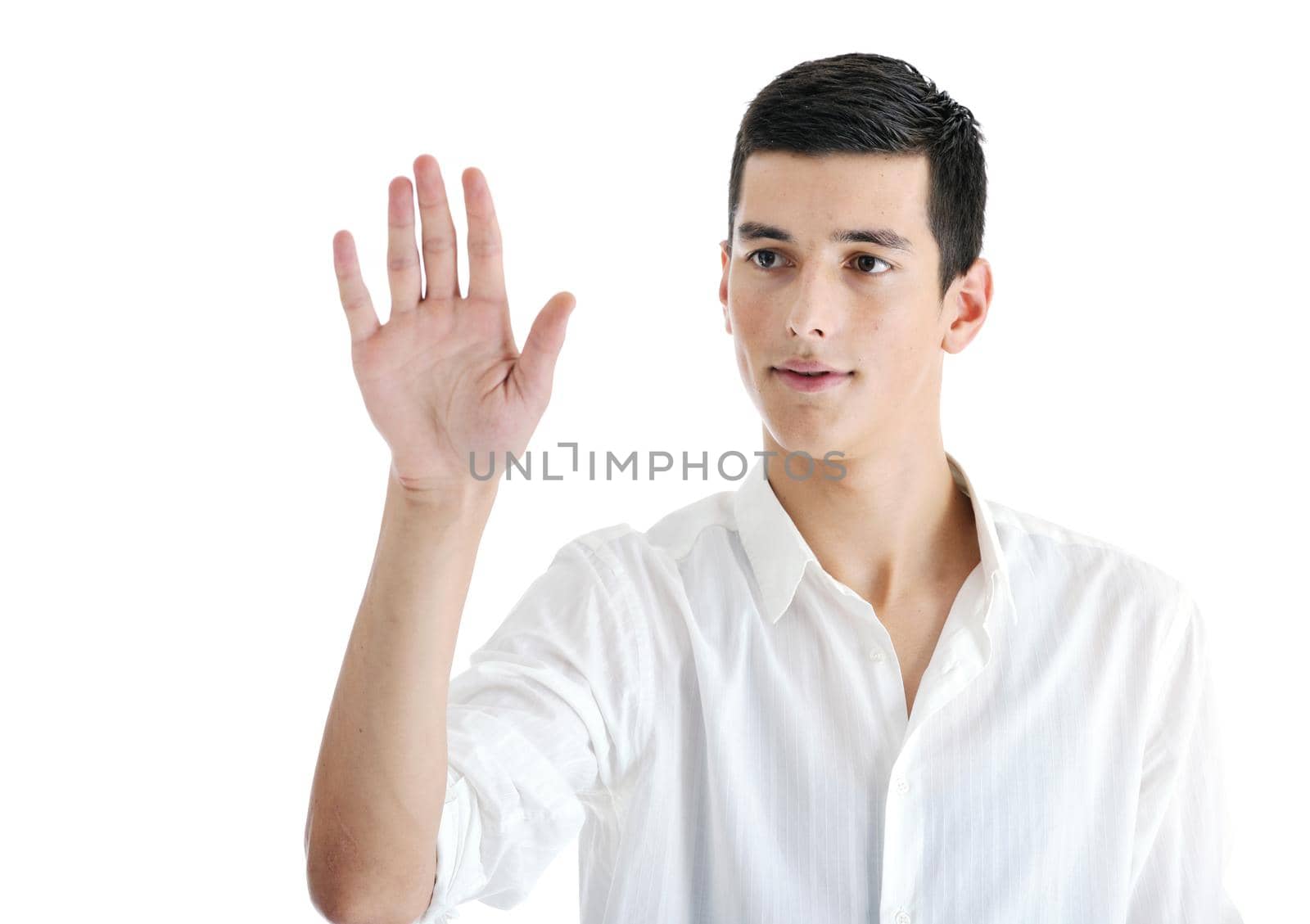 personal security concept with businessman isolated on white and finger and hand print