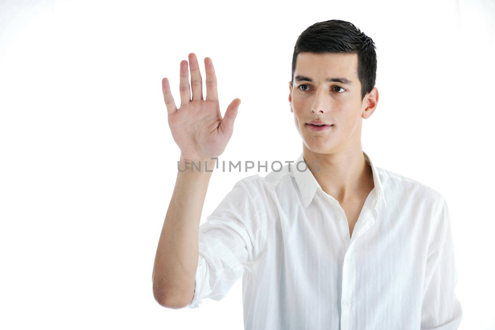 personal security concept with businessman isolated on white and finger and hand print