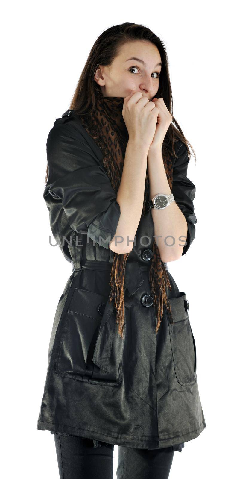 beautiful young woman in fashion clothes isolated on white background