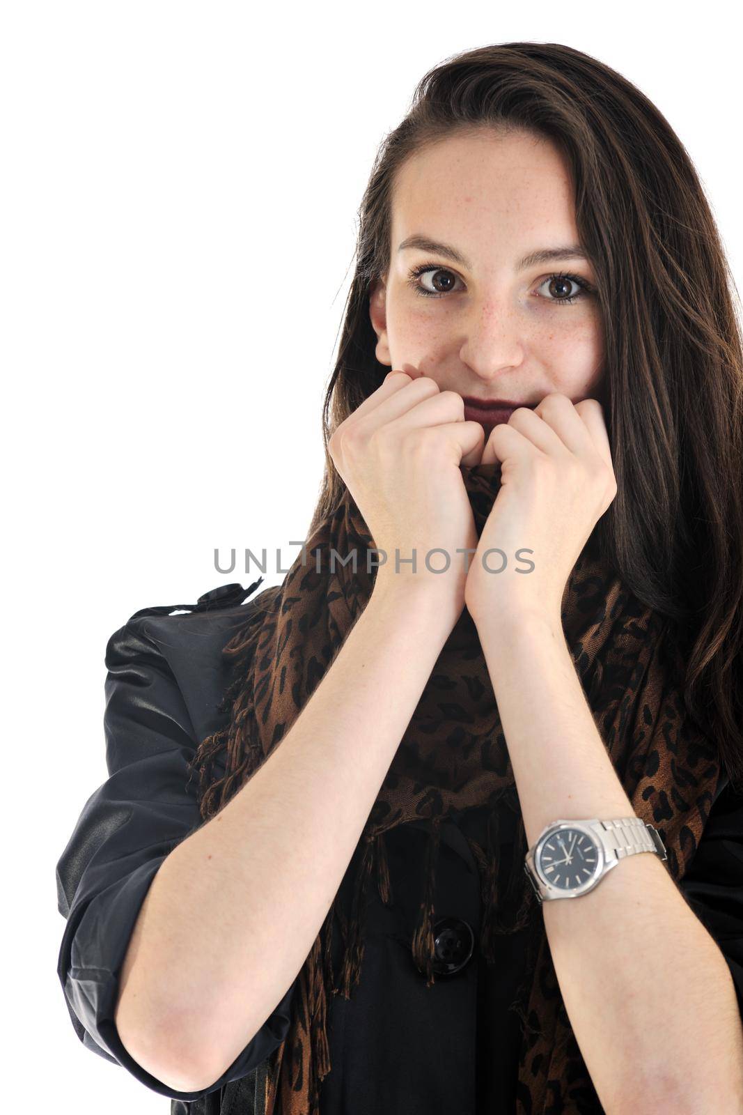 beautiful young woman in fashion clothes isolated on white background