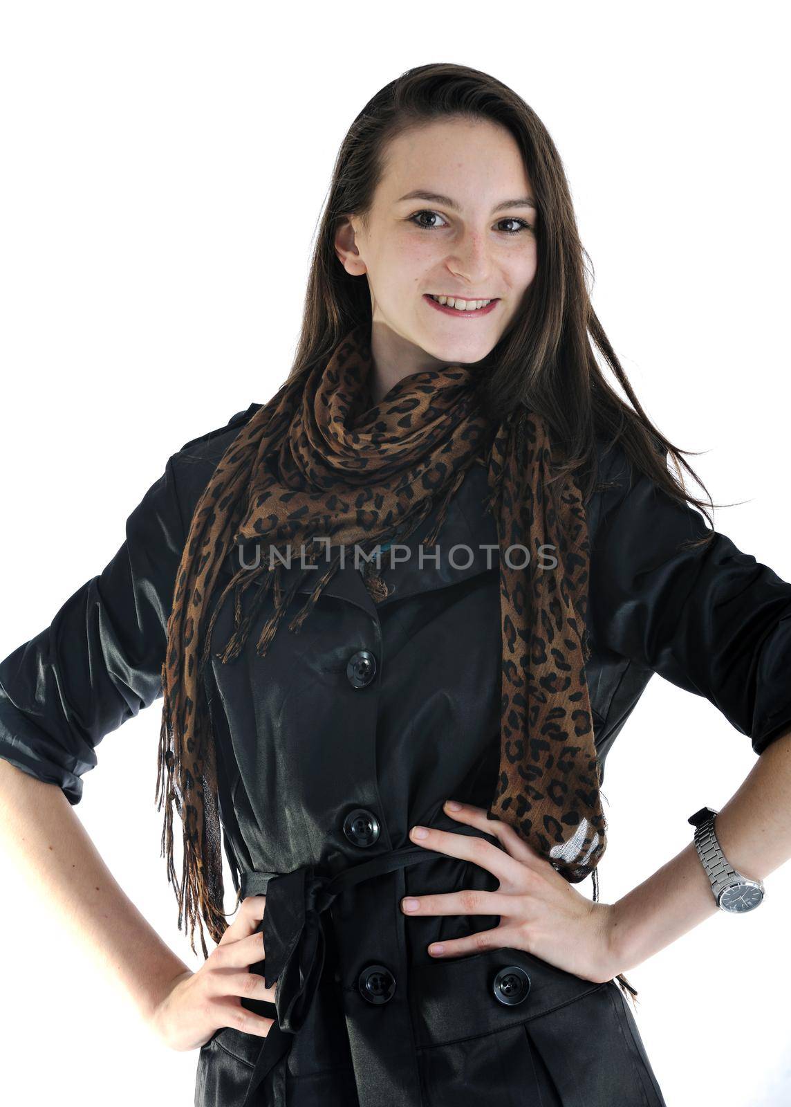 beautiful young woman in fashion clothes isolated on white background