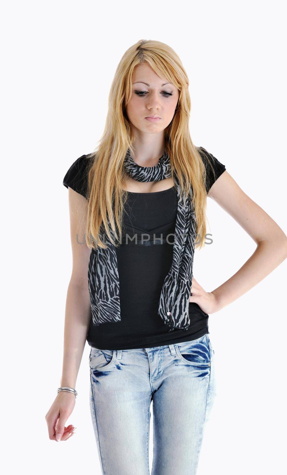 beautiful young woman in fashion clothes isolated on white background