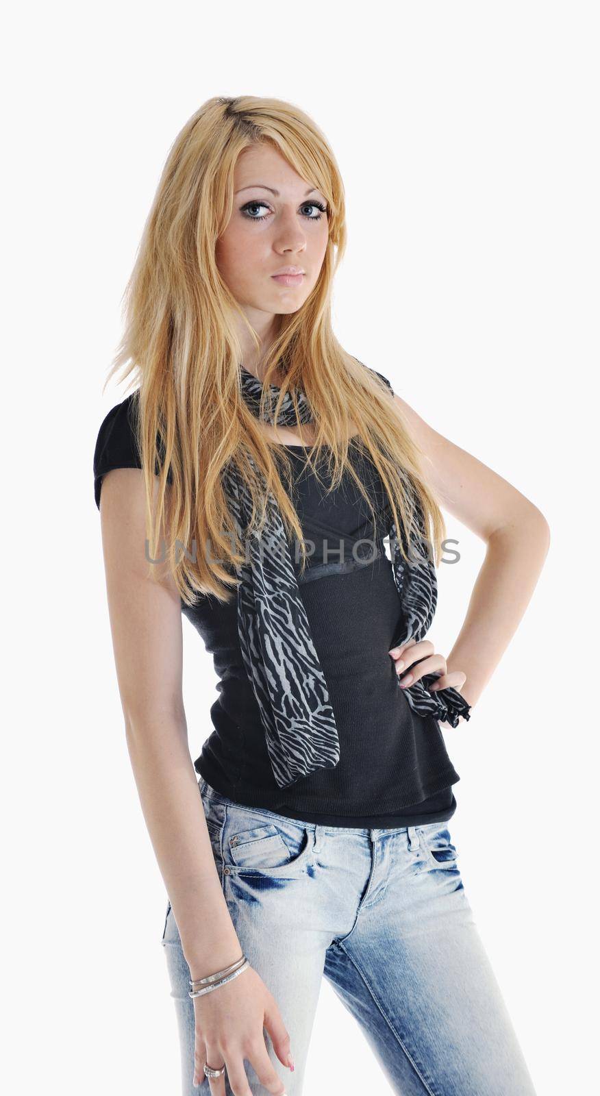 beautiful young woman in fashion clothes isolated on white background