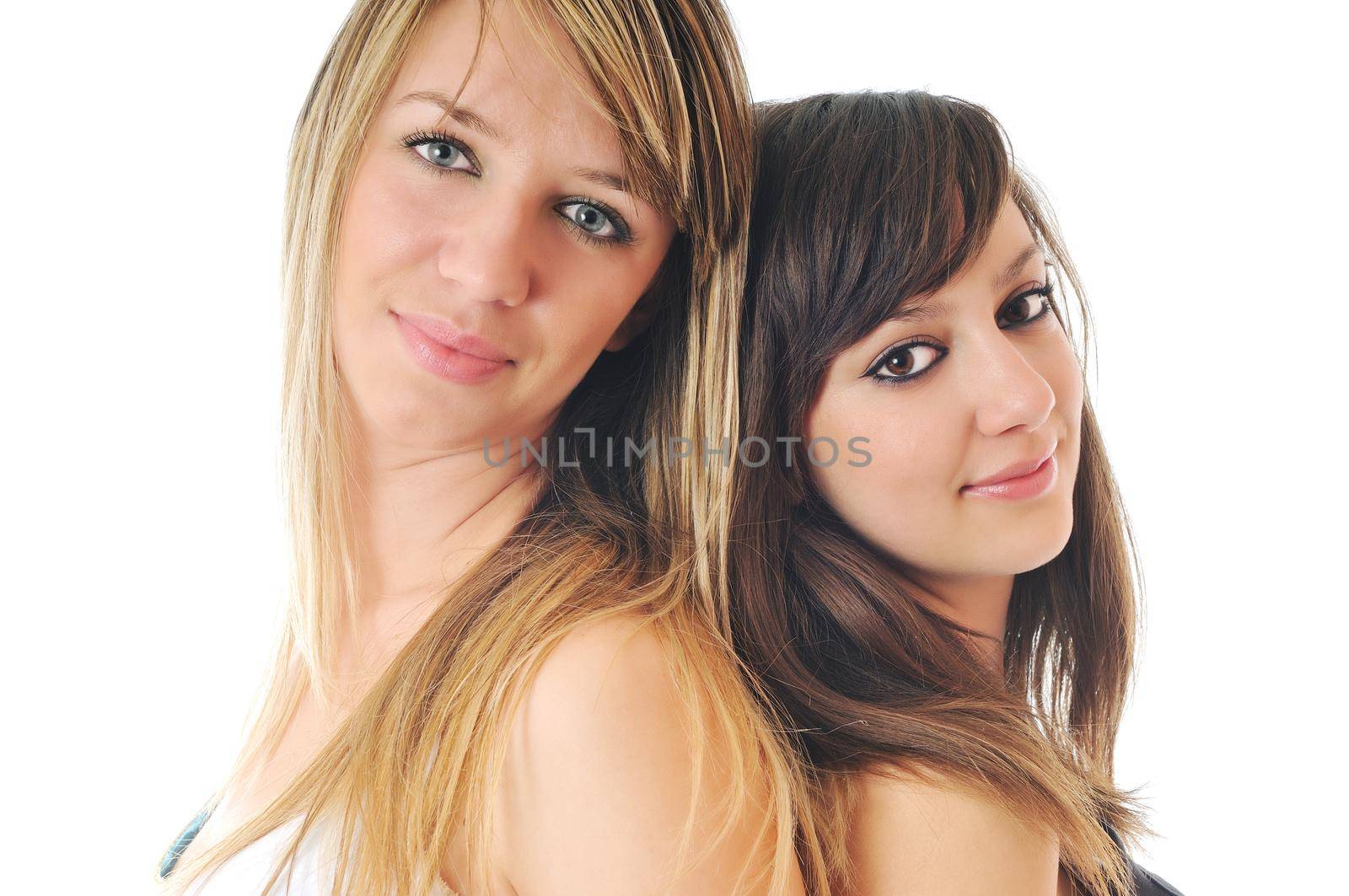 two young girl lesbian friend isolated happy on white background