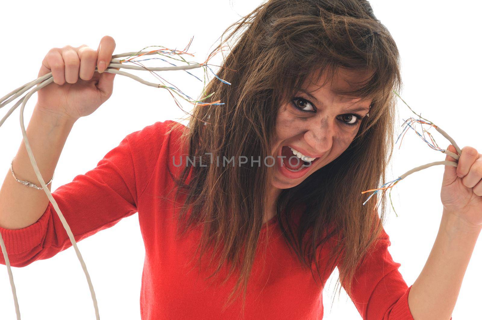 young woman with dark face electrical explosion shock concept connect