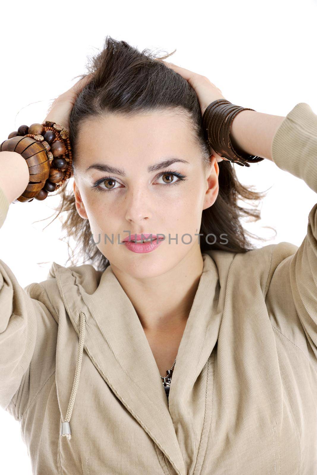 beautiful young woman in fashion clothes isolated on white background