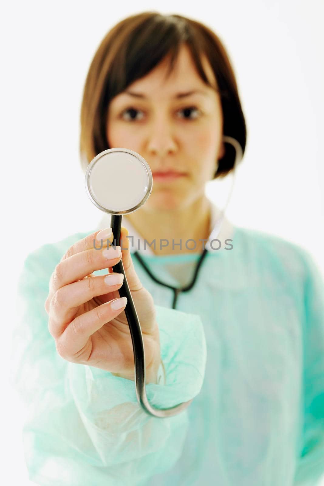 young happy doctor nurse woman with stethoscope isolated on white