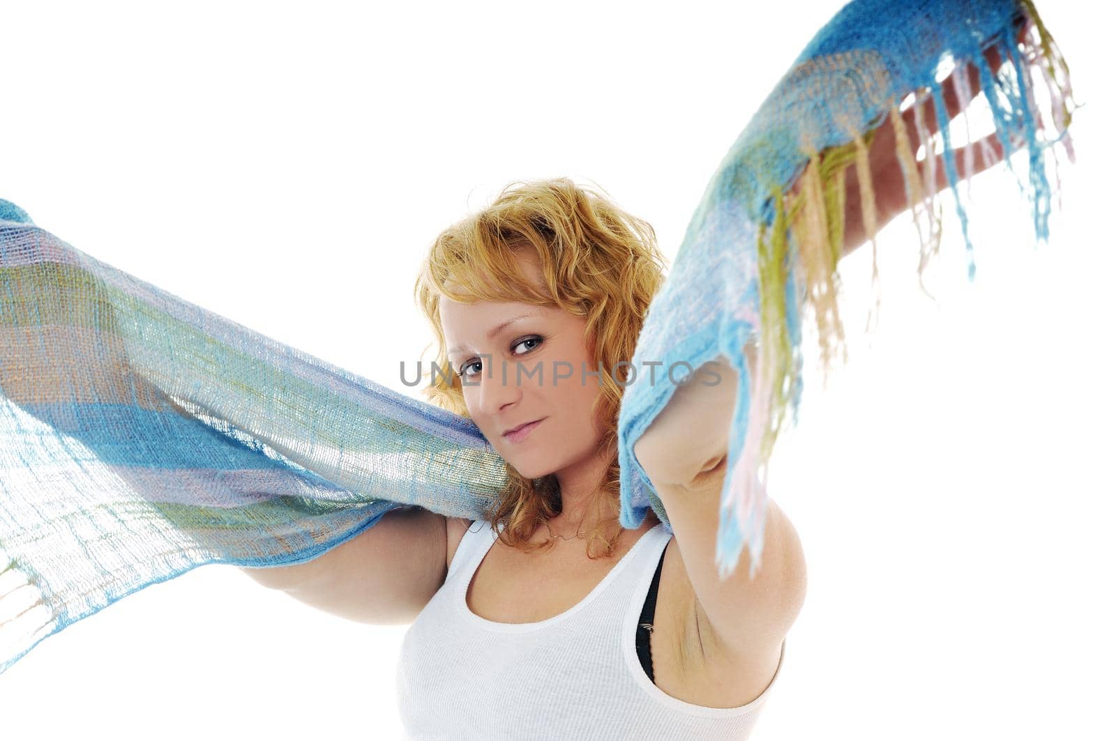 happy young woman with blue scarf isolated on white