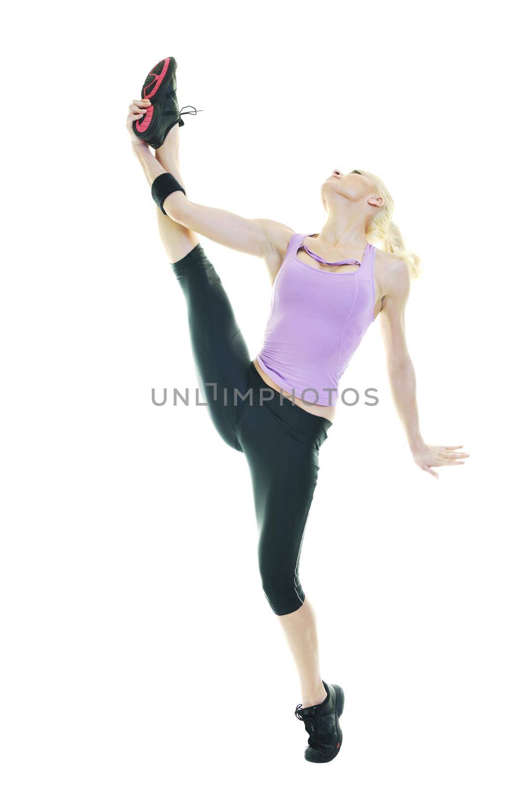 fitness and exercise with blonde woman  isolated on white representing diet and weight loss concept