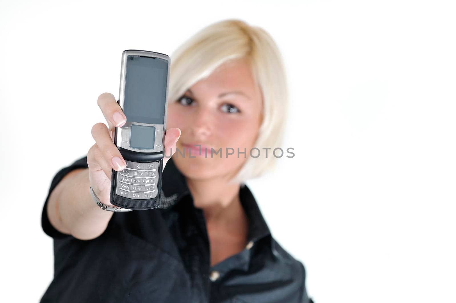 portrait of young blonde business woman holding new modern cellphone