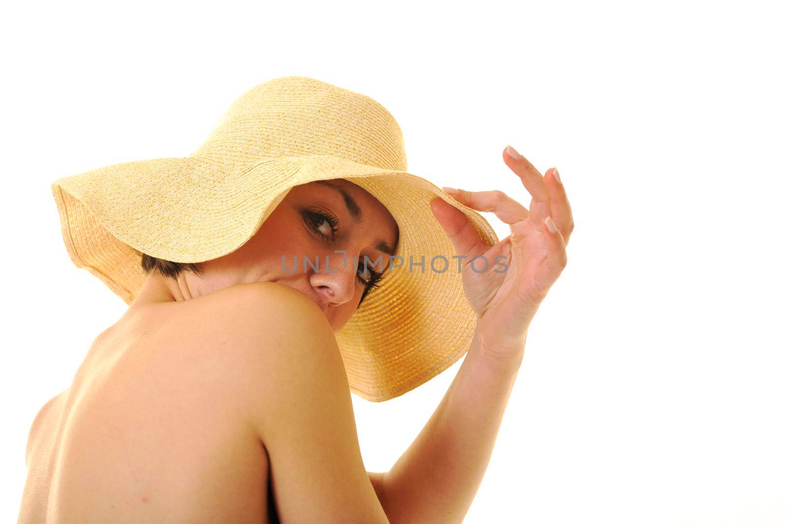 happy yong woman with summer hat  isolated 