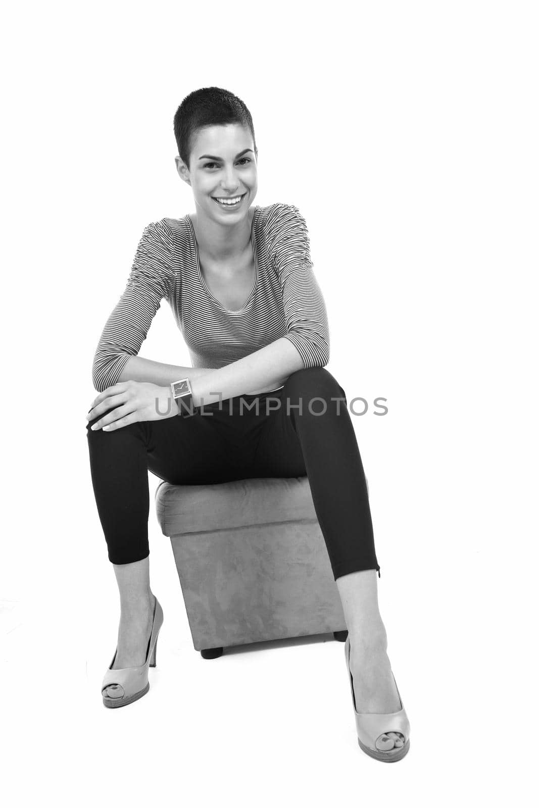 beautiful hapy young female woman brunette model posing isolated on white background